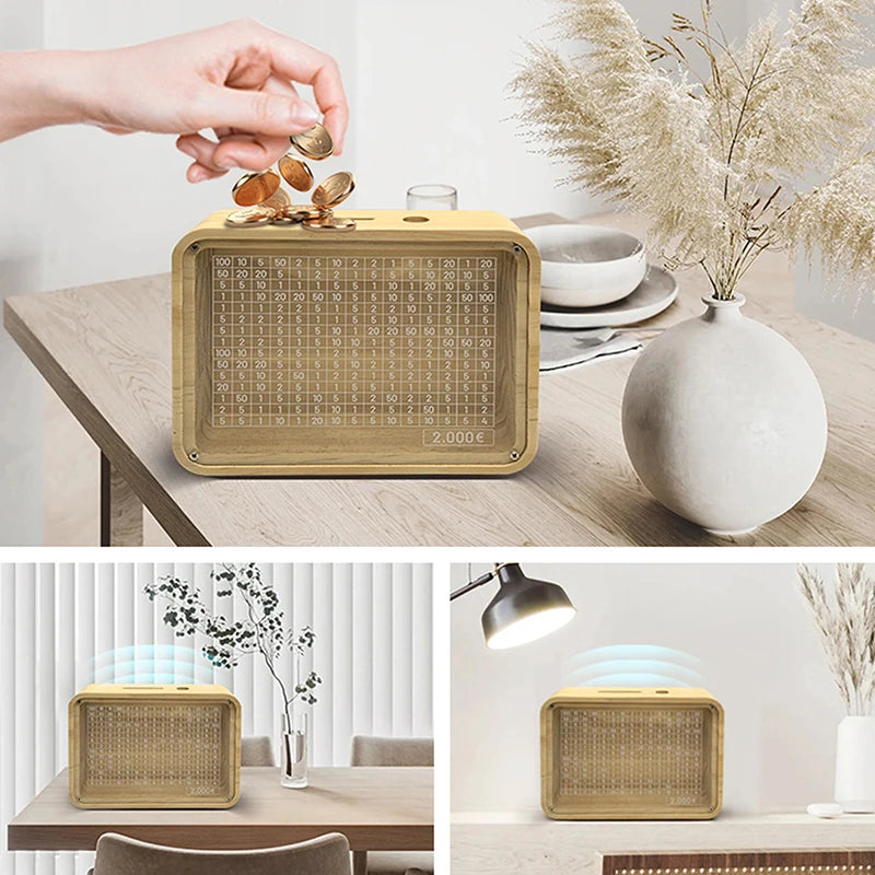 Saving Money Box EUR Piggy Bank with Saving Goal and Numbers Retro Reusable Wooden Box Saving Challenge Money Jar