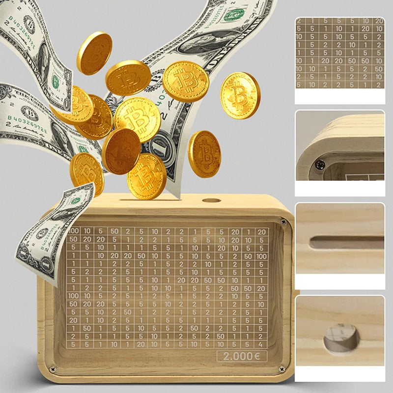Saving Money Box EUR Piggy Bank with Saving Goal and Numbers Retro Reusable Wooden Box Saving Challenge Money Jar