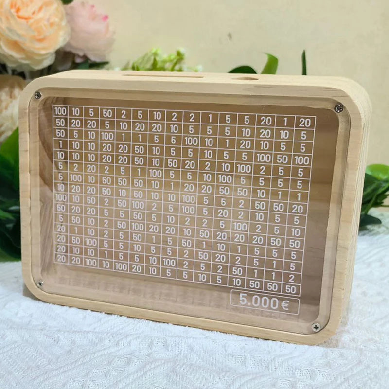 Saving Money Box EUR Piggy Bank with Saving Goal and Numbers Retro Reusable Wooden Box Saving Challenge Money Jar