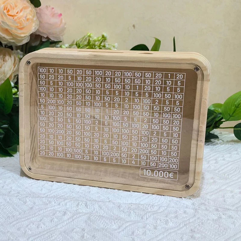 Saving Money Box EUR Piggy Bank with Saving Goal and Numbers Retro Reusable Wooden Box Saving Challenge Money Jar