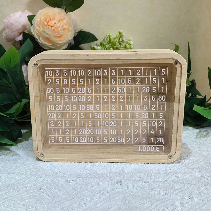Saving Money Box EUR Piggy Bank with Saving Goal and Numbers Retro Reusable Wooden Box Saving Challenge Money Jar